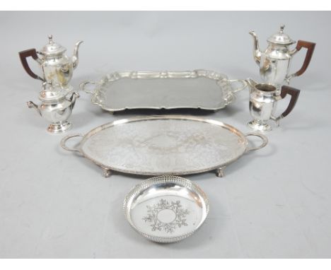 Silver plated five piece tea and coffee service, an engraved two handled tea tray and a bonbon dish.