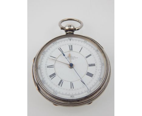 Victorian silver open face chronograph pocket watch, lever movement, enamel dial with Roman numerals, spade hands, round case