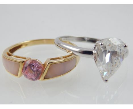 14ct white gold white stone dress ring, and a yellow gold pink stone and mother-of-pearl ring