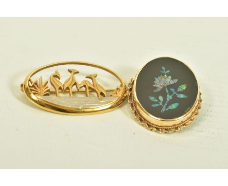 TWO MODERN 9CT GOLD BROOCHES, the first of open work design depicting a lake side scene with four birds, approximate length 3