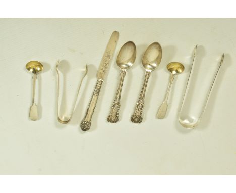A SELECTION OF 19TH TO EARLY 20TH CENTURY SILVER CUTLERY, to include a pair of silver tea spoons, maker's mark IW hallmarked 