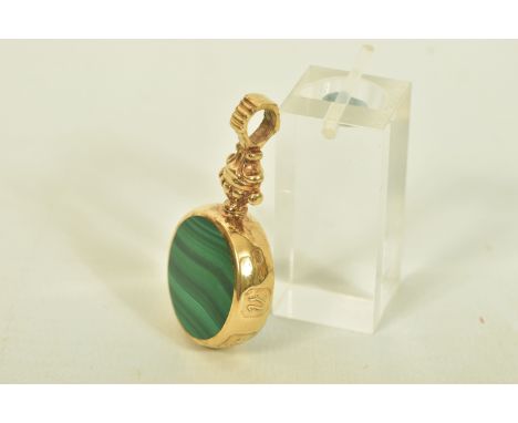 A MODERN 9CT ONYX AND MALACHITE FOB PENDANT, set with onyx and malachite, within a plain polished scrolling surmount, hallmar