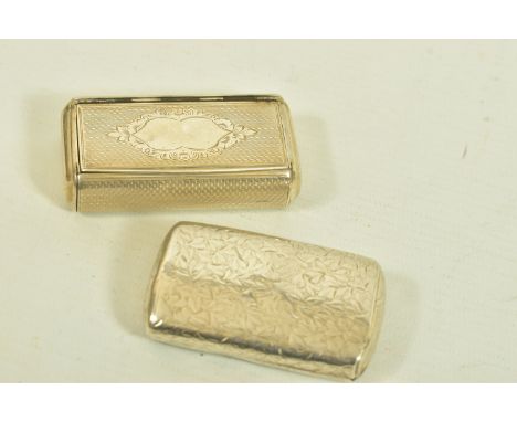 TWO LATE VICTORIAN SILVER SNUFF BOXES, the first with a hinged lid and floral engraving, hallmarked AE Robinson &amp; Co, Bir