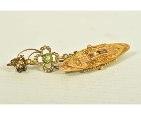 TWO YELLOW METAL GEM SET BROOCHES, the first a peridot and split pearl floral brooch, stamped 9CT, length 45mm, the second a 
