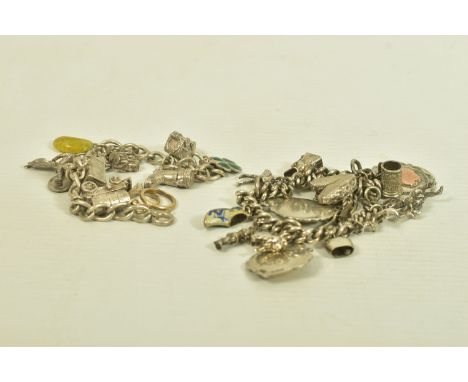 TWO MID 20TH CENTURY SILVER CHARM BRACELETS, the first comprising two cricket and football medallions, some charms hallmarked