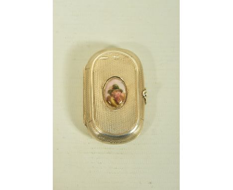 A MID 19TH CENTURY SILVER ENAMEL PORTRAIT HINGED PILL BOX, engine turned design, portrait depicting a lady wearing a hat, rou