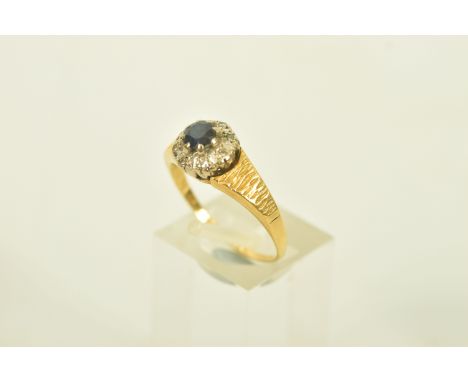 A SAPPHIRE AND DIAMOND CLUSTER RING, set with a principal circular shaped mixed cut sapphire, claw set, within a single cut d