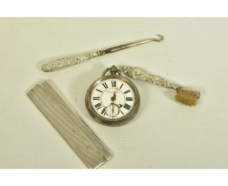 A SELECTION OF SILVER ITEMS, to include a late Victorian pocket watch, signed 'Collingswood &amp; Son Middlesborough', both c