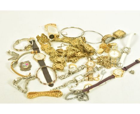 A SELECTION OF MAINLY SILVER COSTUME JEWELLERY, A 9CT CASED WRISTWATCH AND OTHER WRIST WATCHES, including a gents manual wind