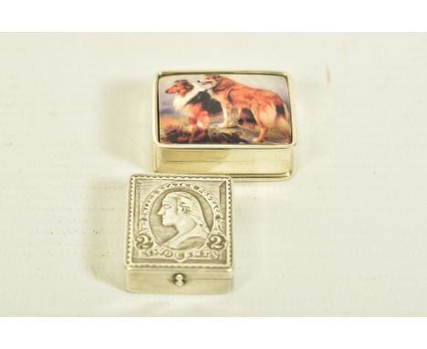 AN EARLY 20TH CENTURY AMERICAN SILVER STAMP CASE TOGETHER WITH A MODERN ENAMEL PILL BOX, the first depicting a George Washing