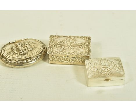 THREE SILVER SNUFF BOXES, to include a 1970s snuff box with cherub and scroll embossed detail, hallmarked 'JG Ltd' Birmingham