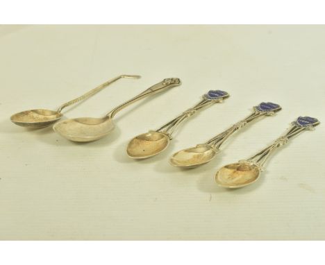 FIVE EARLY 20TH CENTURY SPOONS, to include three silver tea spoons with blue enamelled shield shape terminals reading: 'Fufor