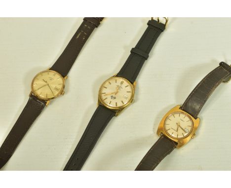 THREE GENTLEMANS WRISTWATCHES, to include a 'Rotary Automatic GT' with baton markers, leather strap, case stamped stainless s
