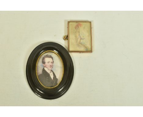 A WOODEN PORTRAIT MINIATURE AND A HAND DRAWING OF A LADY, the first depicting a Georgian gentleman believed to be 'A. Roberts