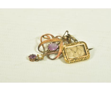 AN AMETHYST AND SPLIT PEARL YELLOW METAL PENDANT AND A WOVEN HAIR MEMORIAL YELLOW METAL BROOCH, the pendant set with two amet