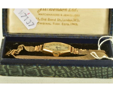 A MID 20TH CENTURY 9CT GOLD J.W.BENSON LONDON MANUAL WIND WRISTWATCH, white dial with Arabic numeral markers, approximately 1