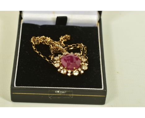 A MODERN GLASS FILLED RUBY AND ZIRCON PENDANT WITH CHAIN, the oval shape glass filled ruby, measuring approximately 15.7 by 1