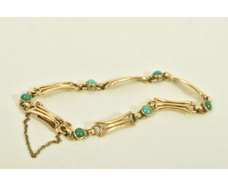 AN EARLY 20TH CENTURY TURQUOISE 9CT YELLOW GOLD BRACELET, designed as a series of six turquoise cabochons, interspaced by thr