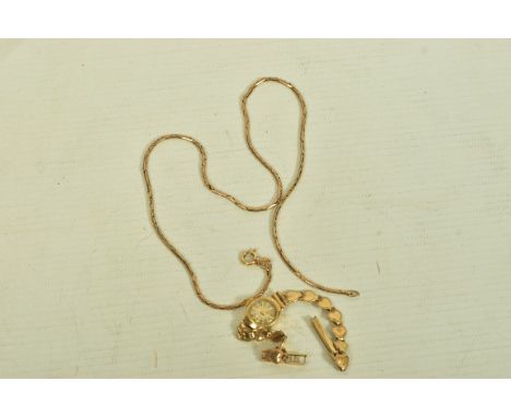 A MID 20TH CENTURY 9CT GOLD REGENCY MANUAL WIND WRISTWATCH, AND A 9CT GOLD FANCY LINK CHAIN, white dial with baton hourly mar