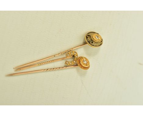 THREE STICKPINS, to include a late Victorian 9ct gold split pearl horseshoe stickpin, hallmarked 9ct Chester 1897, length of 