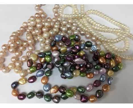Three Pearl necklaces including multi colour necklace