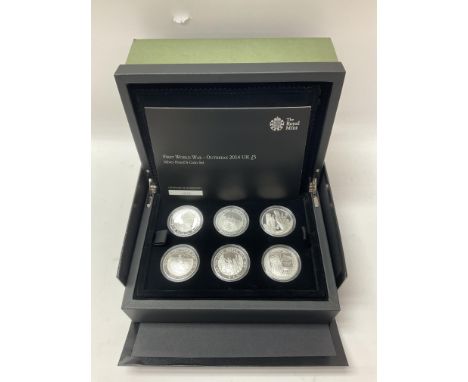 Royal Mint, First World War, Outbreak, 2014 UK £5 silver proof 6 coin set.