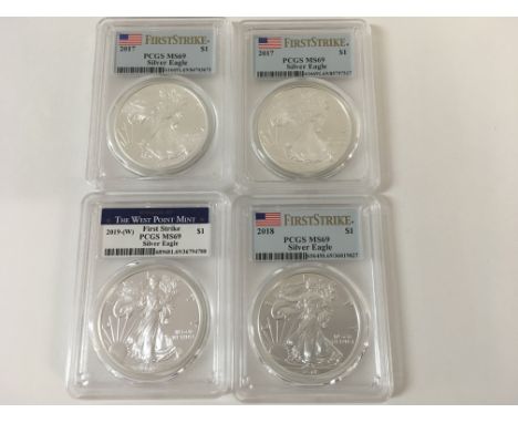 4 x cased first strike silver eagles 2 x 2017 1x 2018 1x 2019