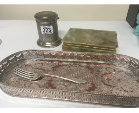 Around silver engine turned cigarette box with Chester hallmarks a tray odd silver cutlery and an onyx box.