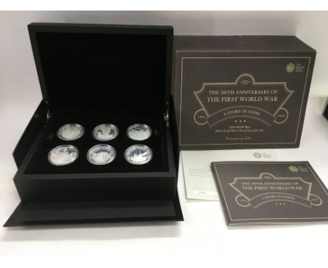 A boxed 100th anniversary of the First World War 2016 UK £5 silver proof six coin set.