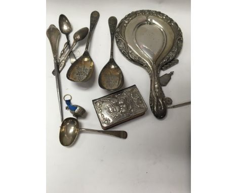A collection of silver comprising hand mirror,  spoons,  button hook .