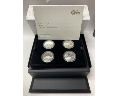 A Portrait of Britain, 2016 UK £5 silver proof four coin collection.