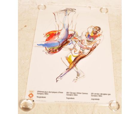 An original retro vintage 1980s late 20th century Olympics poster for the XIV Sarajevo Winter Olympic games. The poster has s