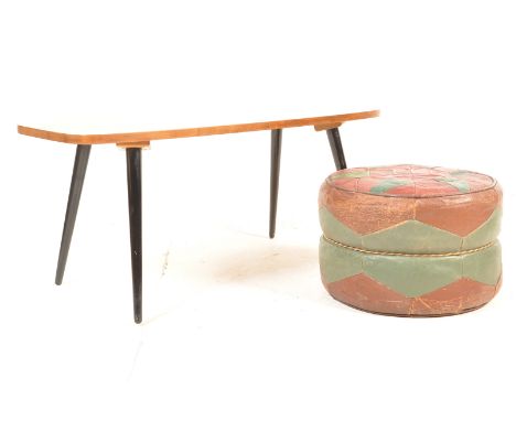 A retro vintage circa 1970s 20th century surfboard coffee table having tapering angular ebonised legs. Together with a retro 
