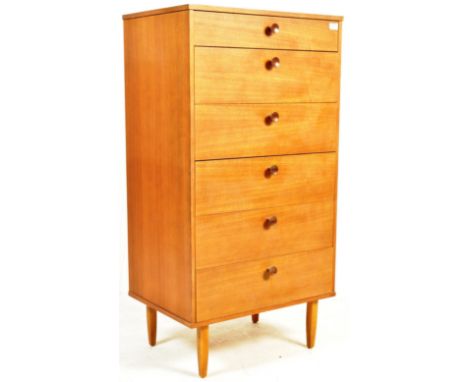 Avalon - British Modern Design - a retro vintage mid 20th century circa 1960s teak wood upright chest of drawers having six d