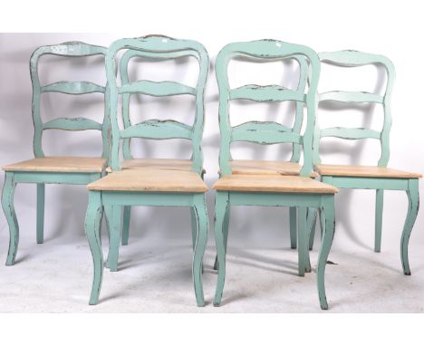 A set of six early 20th century circa 1930’s &nbsp;French country side ladder back chairs / dining chair. The chairs in shabb