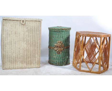 A group of vintage mid 20th century wicker items comprising of a Lloyd loom style laundry basket, a wicker basket together wi