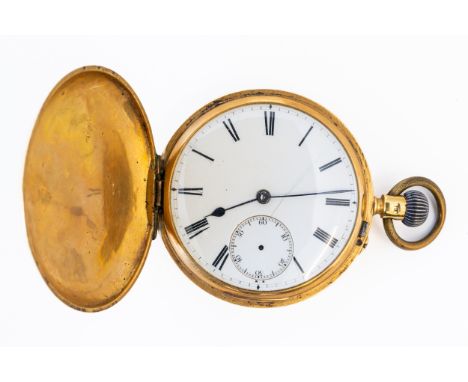 AN 18CT GOLD KEYLESS WIND HUNTING CASED GENTLEMAN'S POCKET WATCHThe gilt jewelled lever movement detailed Rotherhams 53310, 1