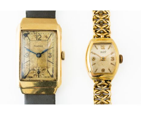 A TISSOT GOLD LADY'S BRACELET WRISTWATCH AND ANOTHER WRISTWATCH (2)The first with a jewelled lever movement, detailed within 