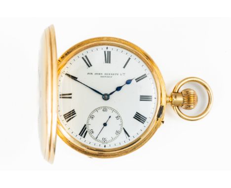 AN 18CT GOLD KEYLESS WIND HALF HUNTING CASED GENTLEMAN'S POCKET WATCHThe gilt jewelled lever movement detailed Sir John Benne