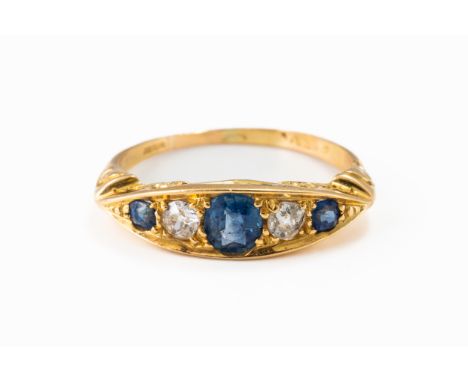 A SAPPHIRE AND DIAMOND FIVE STONE RINGWith round cut sapphires and old cut diamonds, mounted in in 18ct yellow gold, hallmark