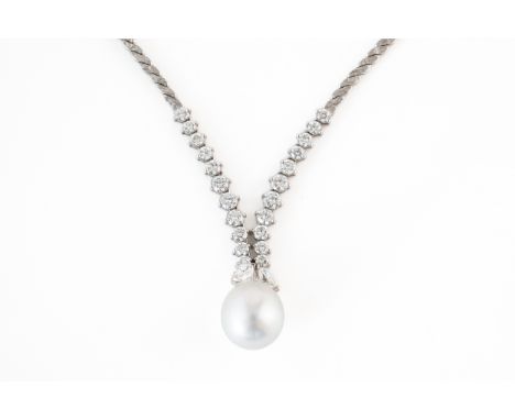 A WHITE GOLD, CULTURED PEARL AND DIAMOND NECKLACEMounted with the single grey cultured pearl to the drop, with two marquise d