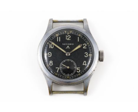 A STEEL BACKED AND PLATE BASE METAL FRONTED RECORD MILITARY WATCHWith black dial signed Record, with military arrow, Arabic h