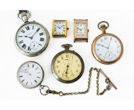 TWO WRISTWATCHES AND FOUR OPENFACED POCKET AND FOB WATCHES (6)Description belowComprising; a 9ct gold rectangular cased gentl