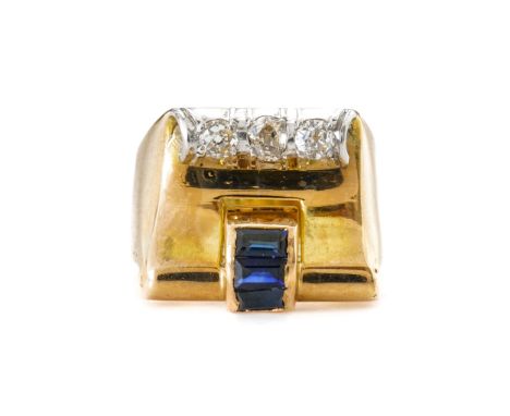 A SAPPHIRE AND DIAMOND ASYMMETRICAL RINGMounted with three old cut diamonds and three baguette cut sapphires in a scroll moti