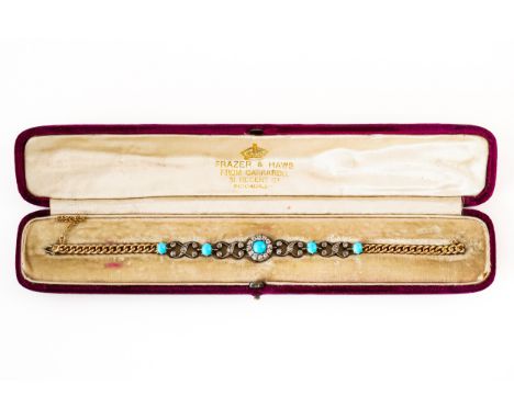 A TURQUOISE AND DIAMOND BRACELET, BOXED (2)Set with a central openwork section of old and rose cut diamonds and turquoise cab