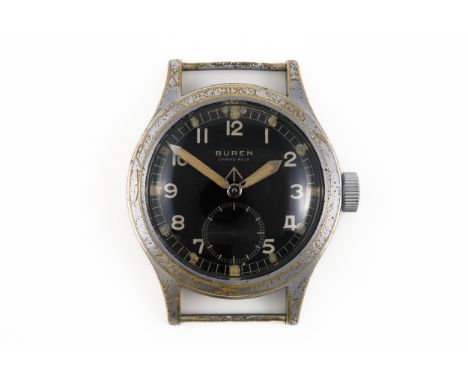 A BUREN GENTLEMAN'S MILITARY WRISTWATCHWith black dial signed Buren Grand prix, with military arrow, Arabic hour makers, and 