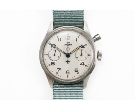 A STEEL CASED LEMANIA MILITARY CHRONOGRAPH WRISTWATCHThe dial signed Lemania, with circled T and military arrow, with Arabic 