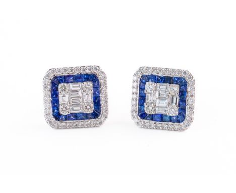 A PAIR OF SQUARE SAPPHIRE AND DIAMOND EARRINGS, BOXED (2)Set with round brilliant and baguette cut diamonds, with calibre cut