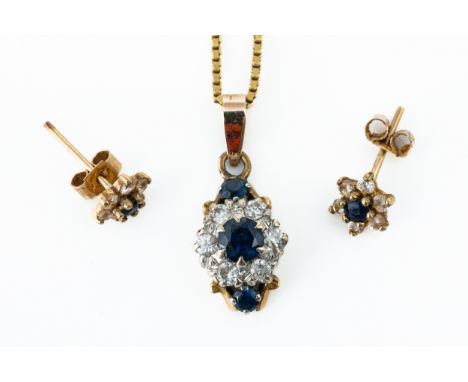 SAPPHIRE AND DIAMOND NECKLACE AND EARRINGSThe necklace comprising a floral motif sapphire and diamond pendant testing as 9ct,