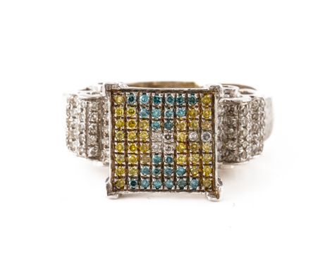A COLOURED DIAMOND RING, BOXEDWith a central square panel pave set with yellow, blue and colourless diamonds, with diamond se